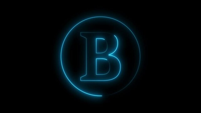 Animation of neon capital letter B on black background. Cyan color letter animation