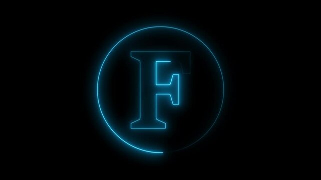 Animation of neon capital letter F on black background. Cyan color letter animation