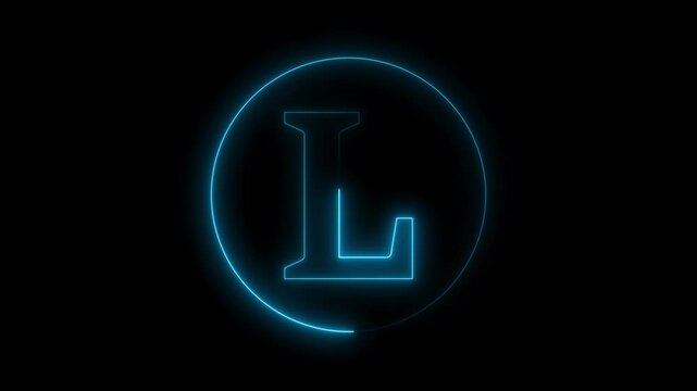 Animation of neon capital letter L on black background. Cyan color letter animation
