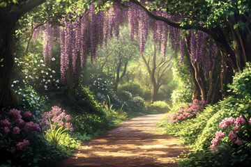 Enchanting garden walkway bordered by blooming floral bushes delivers a romantic escape for dreamy lovers