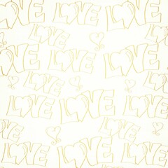 Gold “LOVE” doodle text with heart sketches on cream background. Hand-drawn romantic pattern ideal for wedding stationery, Valentine’s designs, and decorative prints.