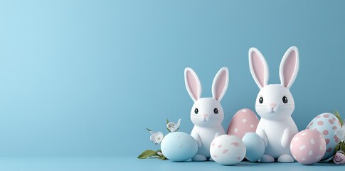 Obraz premium Easter banner with white wooden bunnies and eggs on pastel blue background for 3D-rendered design concept