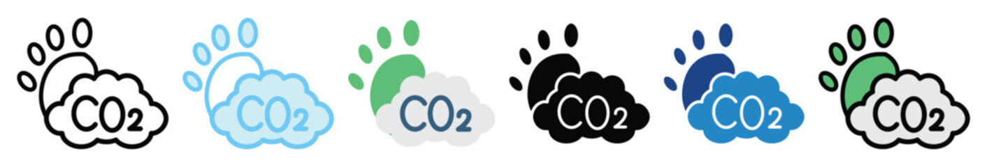 Carbon Footprint multi style, mini illustration icon set. outline, flat, glyph, line color, UI, UX, app and web, digital or print. related to ecology and environment.