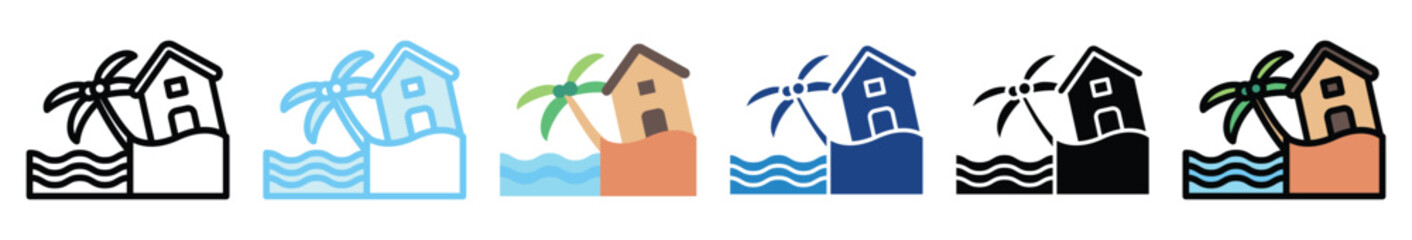 Coastal Erosion multi style, mini illustration icon set. outline, flat, glyph, line color, UI, UX, app and web, digital or print. related to ecology and environment. © arga muria