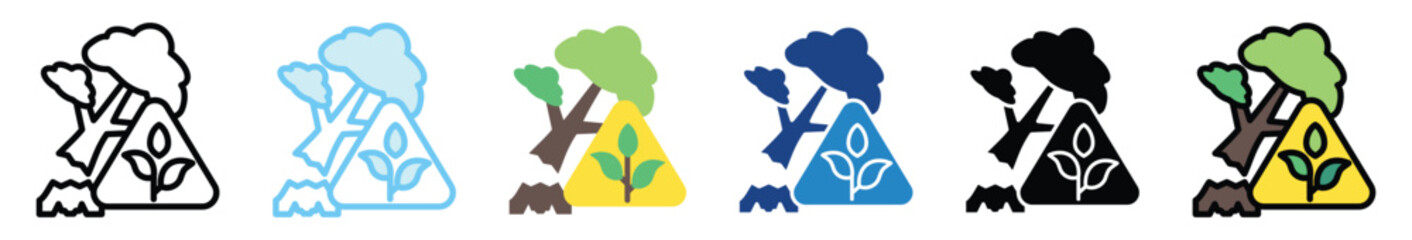 Habitat Destruction multi style, mini illustration icon set. outline, flat, glyph, line color, UI, UX, app and web, digital or print. related to ecology and environment.