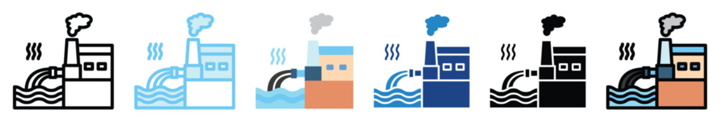 Water Pollution multi style, mini illustration icon set. outline, flat, glyph, line color, UI, UX, app and web, digital or print. related to ecology and environment.