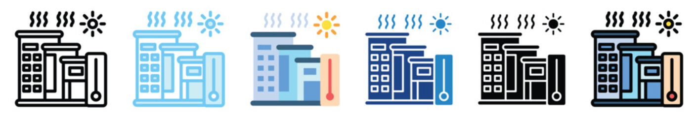 Urban Heat multi style, mini illustration icon set. outline, flat, glyph, line color, UI, UX, app and web, digital or print. related to ecology and environment.