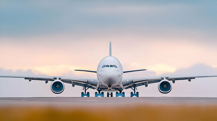 Obraz premium White Passenger Airplane Taxiing On Airport Runway During Golden Hour Sunset