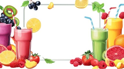 Colorful fruit smoothies, recipe frame, healthy eating