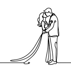 Romantic line art of a bride and groom sharing their first kiss on their wedding day, drawn in a minimalist continuous line style.