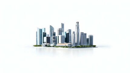 Fototapeta premium Miniature City Skyline With Modern Skyscrapers And Blue Glass Structures On White Background