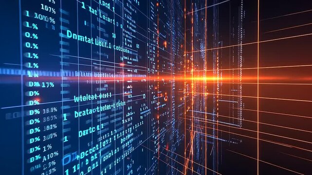 Abstract digital data visualization with glowing lines and binary code.