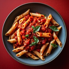 Penne Arrabbiata Penne with a spicy tomato sauce made with garlic and chili flakes food portrait photography display on red background