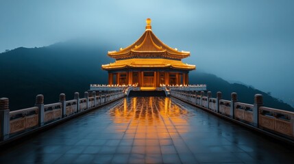 Obraz premium Tranquil Temple at Dusk Surrounded by Misty Mountains and Glow