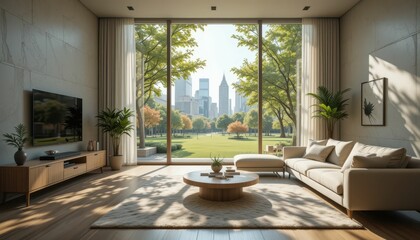 Fototapeta premium Modern Living Room with Cityscape View and Natural Lighting