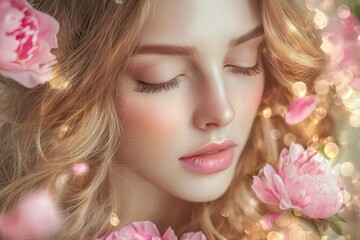 Fototapeta premium Close-up portrait of woman with blonde hair and pink flowers in a serene, ethereal setting