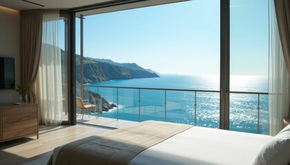 Fototapeta premium Modern Bedroom with Ocean View and Glass Wall in Luxury Hotel