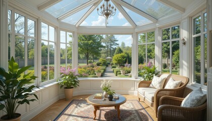Serene Sunlit Conservatory Overlooking Lush Garden Landscape