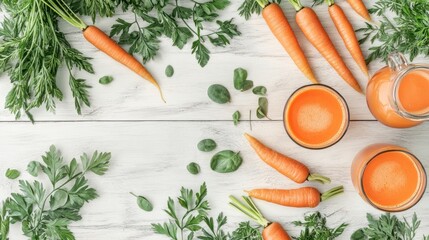 Fresh carrot juice, herbs, wood table. Healthy food recipe