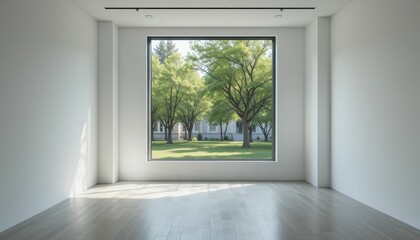 Fototapeta premium Bright Room with Large Window Overlooking a Peaceful Green Landscape