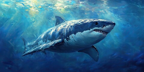 Fototapeta premium Shark swimming in ocean waters marine life underwater scene blue environment close-up view