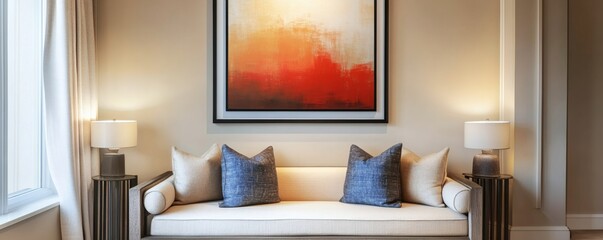 Fototapeta premium Comfortable living room interior with artwork and elegant furniture arrangement