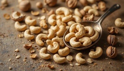 Fototapeta premium Fresh Cashew Nuts on Wooden Surface with Spoon and Shells