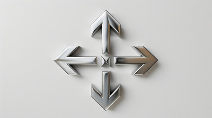 Arrows pointing in four cardinal directions, bold and sharp design, metallic finish, slightly glowing effect, cleanly arranged on a simple grey background