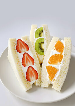 Japanese Fruit Sando with Strawberries, Kiwi, Orange, Whipped Cream, Fruit Sandwich