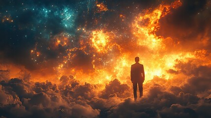 Obraz premium faith heavenly background man looking at the heavens in the background