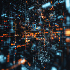 Intricate 3D Network of Glowing Teal and Orange Lines in a Virtual Data Space