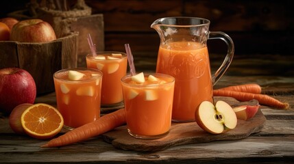 Apple carrot juice glasses rustic wood