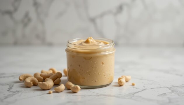 Creamy Cashew Butter in a Glass Jar with Cashews on Marble Surface
