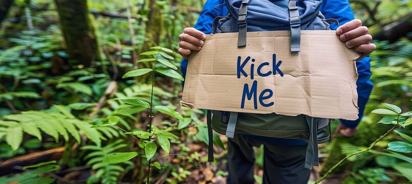 Individual with a sign attached to their back reading  kick me  in a humorous setting
