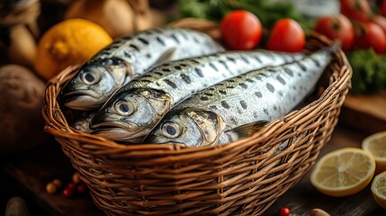 Obraz premium feeding the multitude fishes in a wicker basket on a brown background