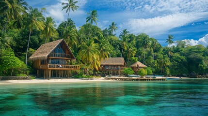 Obraz premium Tropical Island Getaway Luxurious Overwater Bungalows Beachfront Paradise Escape