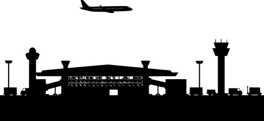 Obraz premium Airport with plane and facilities silhouette vector, transportation concept illustration for background. 
