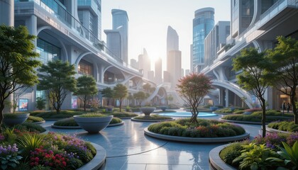 Fototapeta premium Modern Urban Landscape in Tech City with Gardens and Buildings