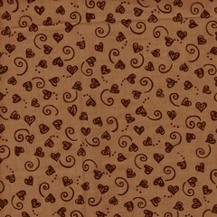 Brown doodle heart and swirl pattern on tan background. Warm rustic seamless design ideal for vintage themes, scrapbooking, crafts, and cozy Valentine projects.