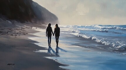Serene Coastal Stroll: Two Figures Hand-in-Hand on a Sandy Beach at Sunset