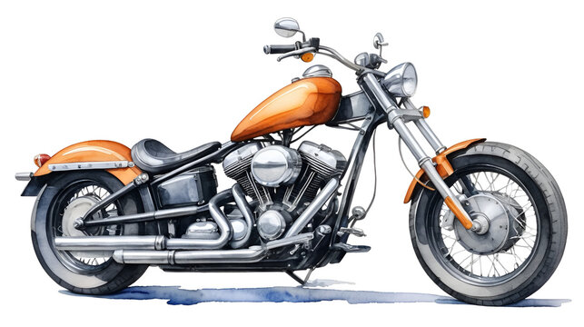 A chopper or bobber type motorcycle using watercolor medium. Isolated on white background.