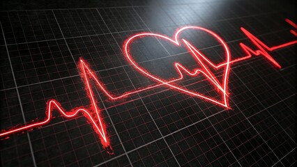 Abstract image featuring a red heart-shaped heartbeat line on a black grid background