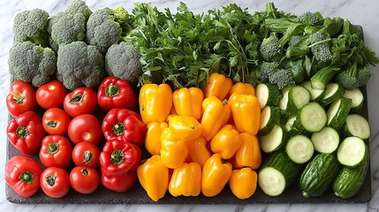 fresh vegetables like cucumbers peppers and broccoli arranged on a table