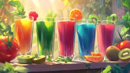 Colorful fruit smoothies summer garden sunlight healthy drinks