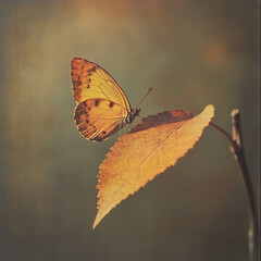 Obraz premium Butterfly rests on a yellow leaf, close-up view, dreamy background