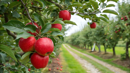 Autumn day. Rural garden. In the frame ripe red apples on a tree. It's raining Photographed in Ukraine