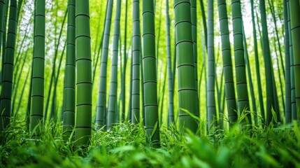 Fototapeta premium Lush bamboo forest displaying vibrant green stalks, creating a dense and serene natural setting