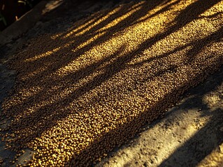 Obraz premium Golden beans drying in sunlight casting shadow patterns, warm tones
