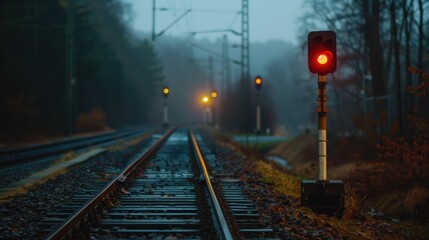 Vibrant semaphore signals guiding trains on misty railway tracks at dusk