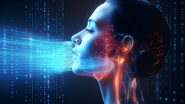 Futuristic AI-powered NLP system processing human speech with glowing digital waveforms and text streams